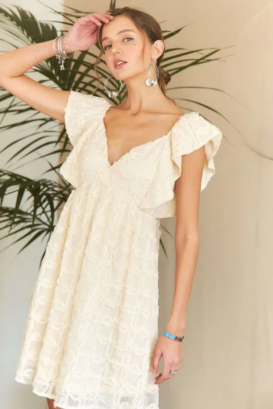 Tie Back V-Neck Ruffle Sleeve Summer Dress For Women – Elegant, Chic & Trendy V-Neck Fluttering Dress with Ruffles & Tie Detail