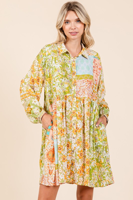 New Summer Floral Button Detail Long Sleeve Shirt Dress For Women – Elegant, Trendy, Fluttering, Feminine & Timeless Chic