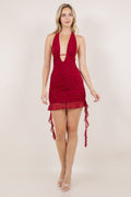 Amari Red Pearl Detail Plunge Mini Dress – Sexy Ruched Halter Party Look