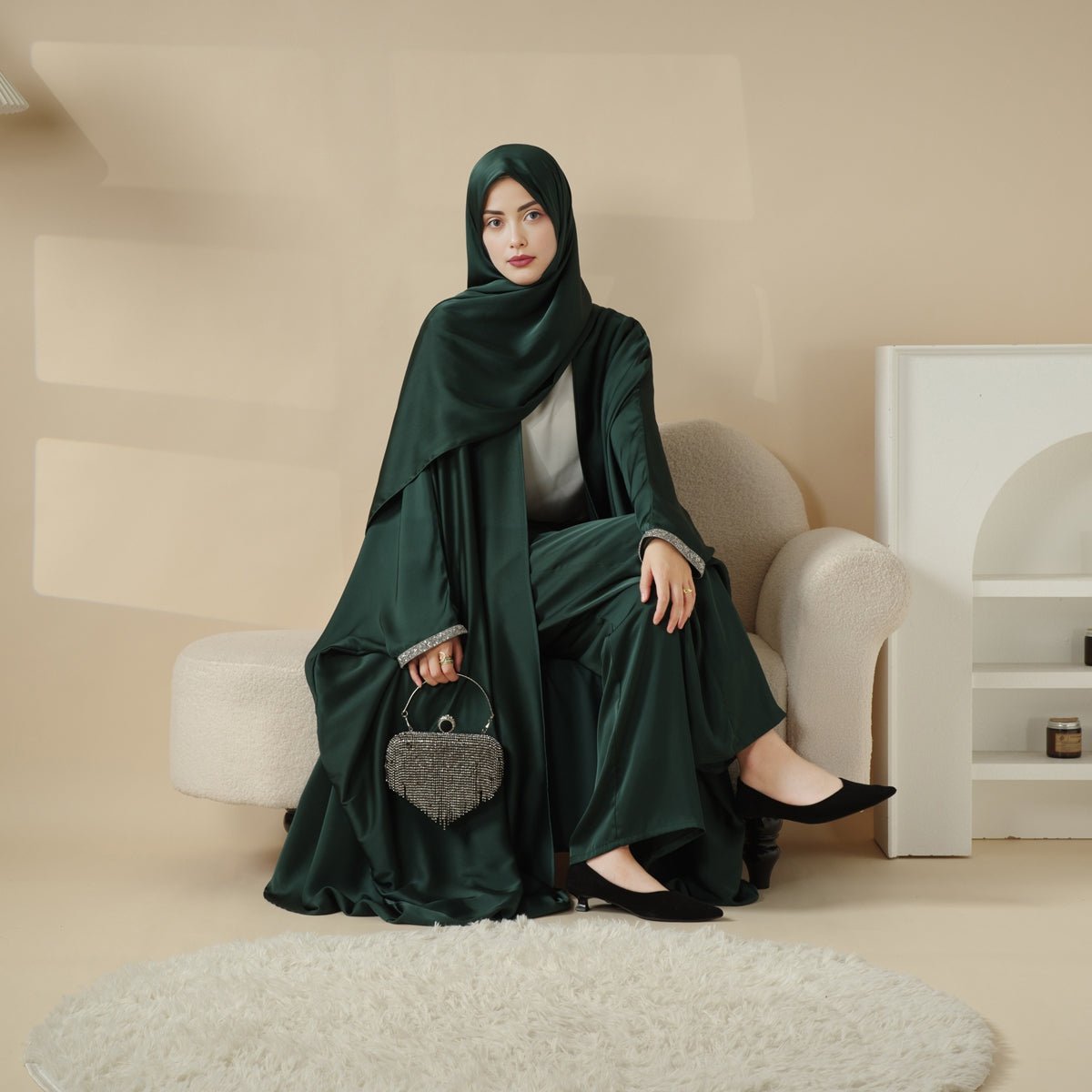 Archive Piece Abaya With Satin Shirt And Rhinestone Trousers - MP002 (Size M Only)