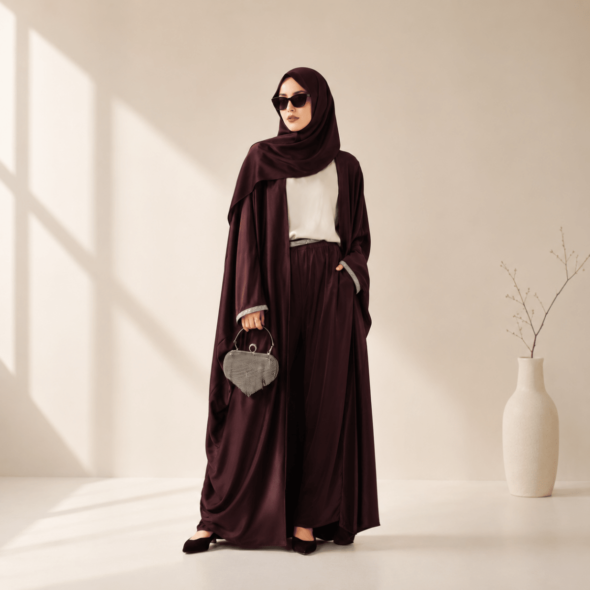 Archive Piece Abaya With Satin Shirt And Rhinestone Trousers - MP002 (Size M Only)