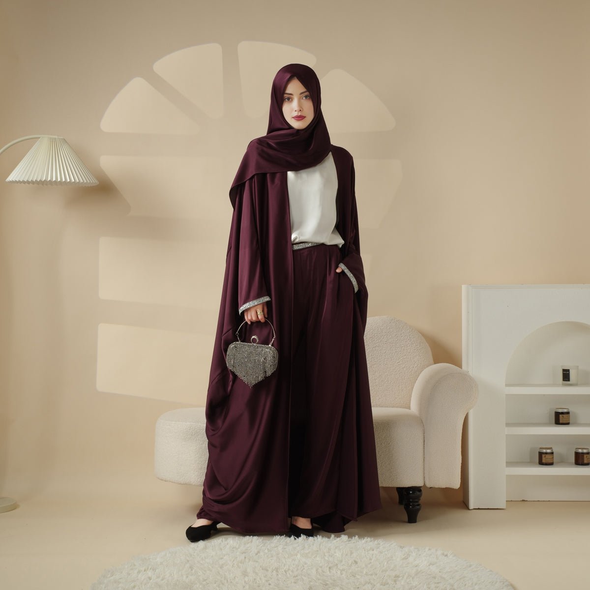 Archive Piece Abaya With Satin Shirt And Rhinestone Trousers - MP002 (Size M Only)
