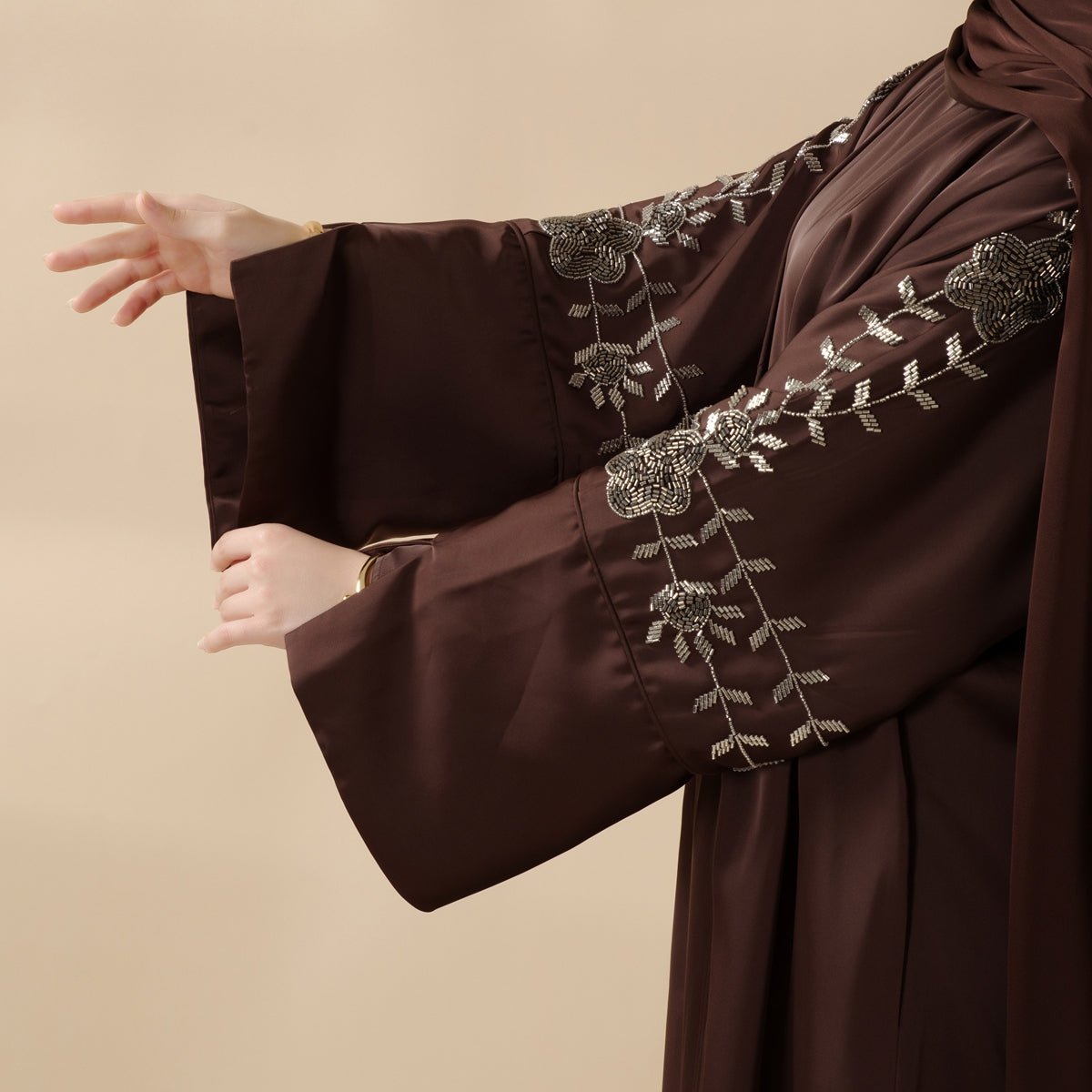 Archive Piece Beaded Rose Embroidery Satin Abaya 2-Piece Set - MP028 (Size M Only)