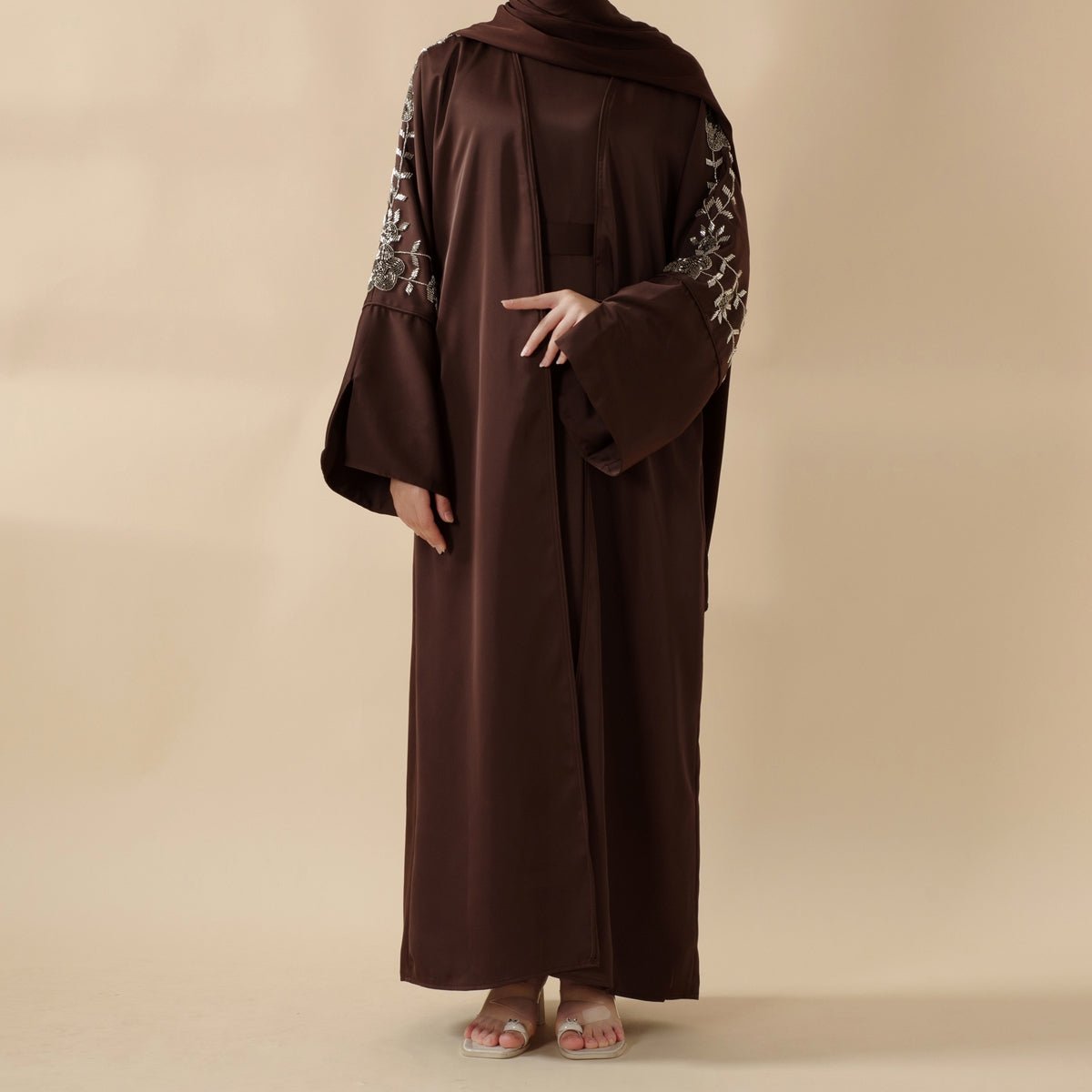 Archive Piece Beaded Rose Embroidery Satin Abaya 2-Piece Set - MP028 (Size M Only)