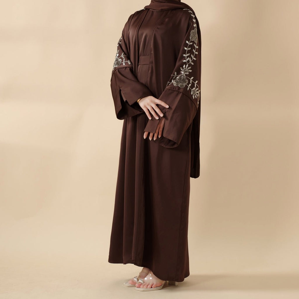 Archive Piece Beaded Rose Embroidery Satin Abaya 2-Piece Set - MP028 (Size M Only)