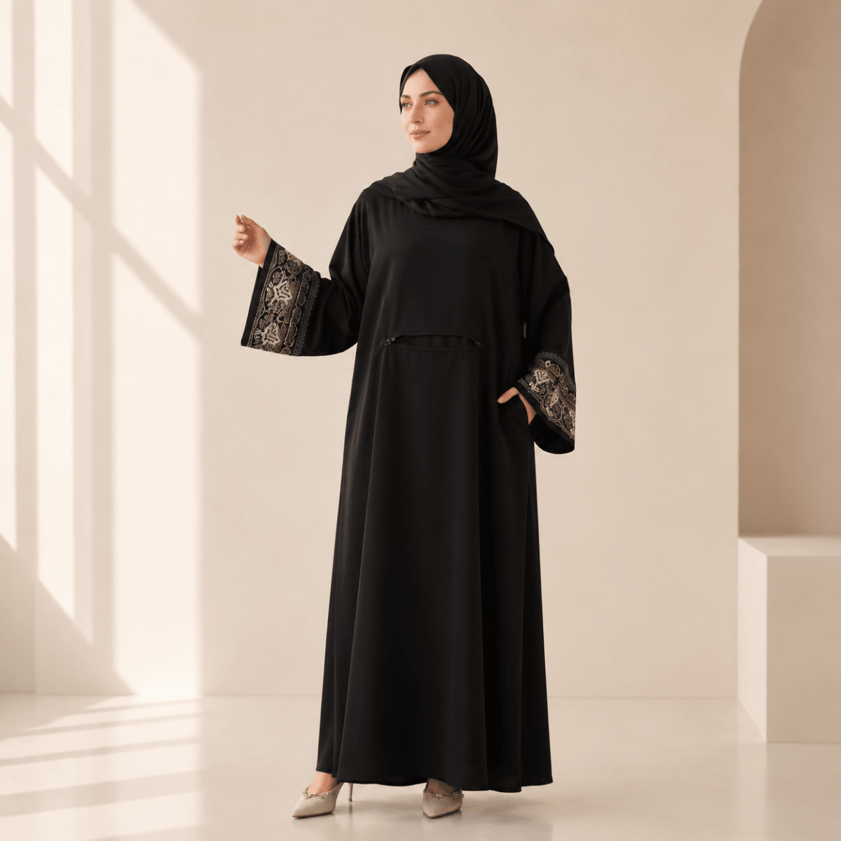 Archive Piece Embroidered Cuff Integrated Hijab Prayer Abaya - MP048 (Size Free Size Only)