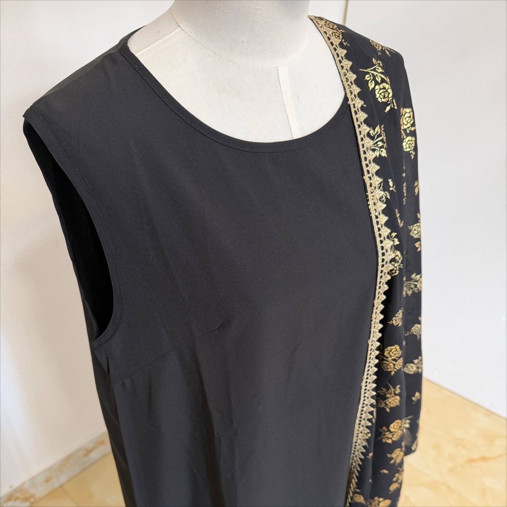 Archive Piece Gold Rose Print Lace-Trim Open Abaya Set - MP053 (Size L Only)