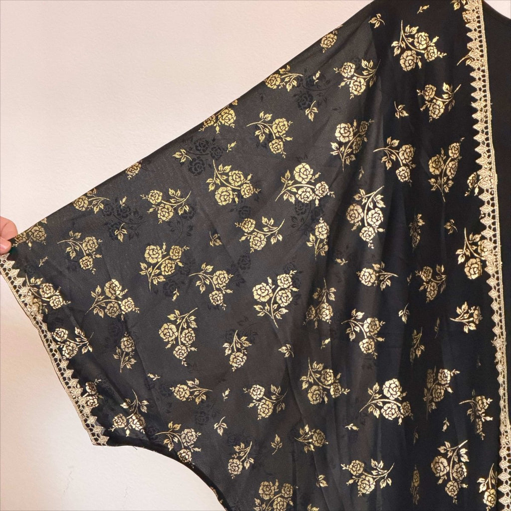 Archive Piece Gold Rose Print Lace-Trim Open Abaya Set - MP053 (Size L Only)