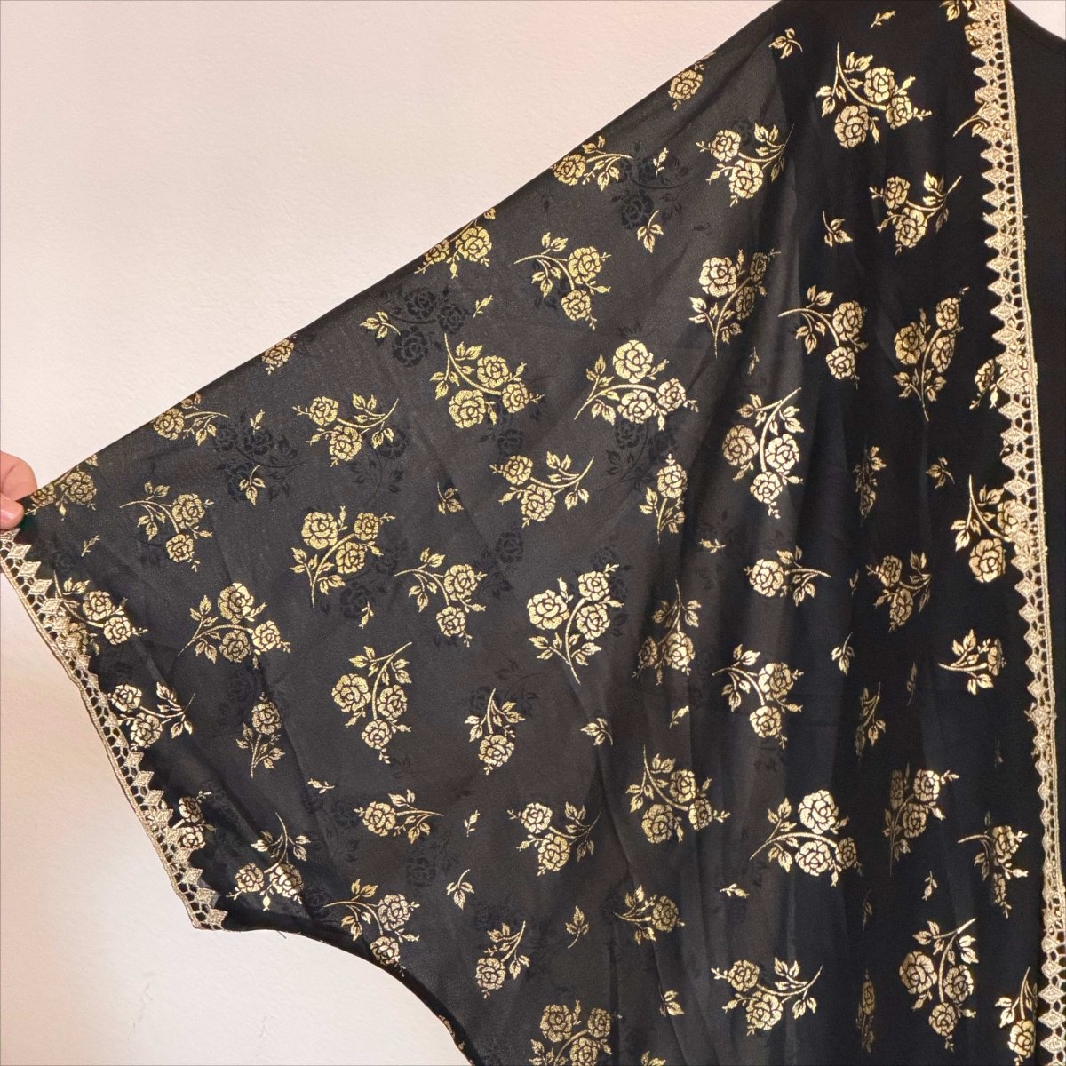 Archive Piece Gold Rose Print Lace-Trim Open Abaya Set - MP053 (Size L Only)
