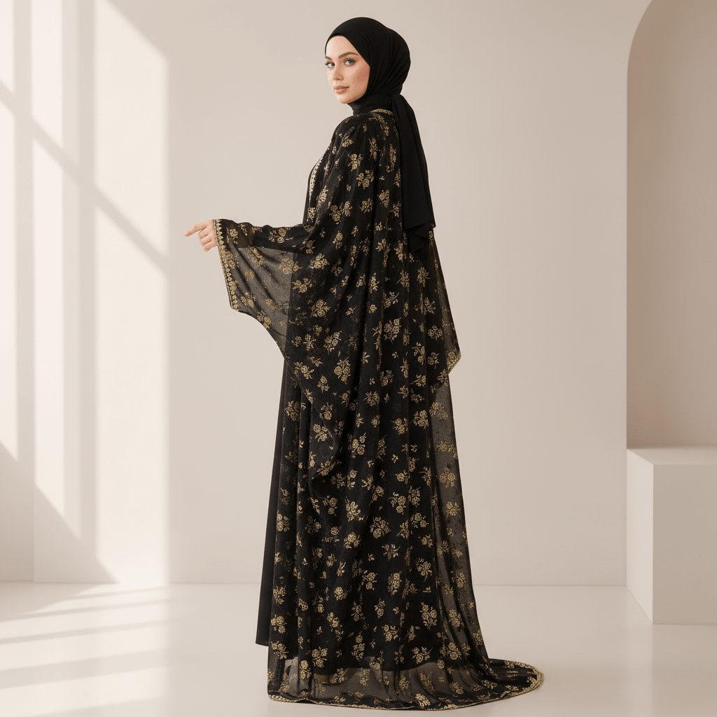Archive Piece Gold Rose Print Lace-Trim Open Abaya Set - MP053 (Size L Only)