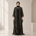 Archive Piece Gold Rose Print Lace-Trim Open Abaya Set - MP053 (Size L Only)
