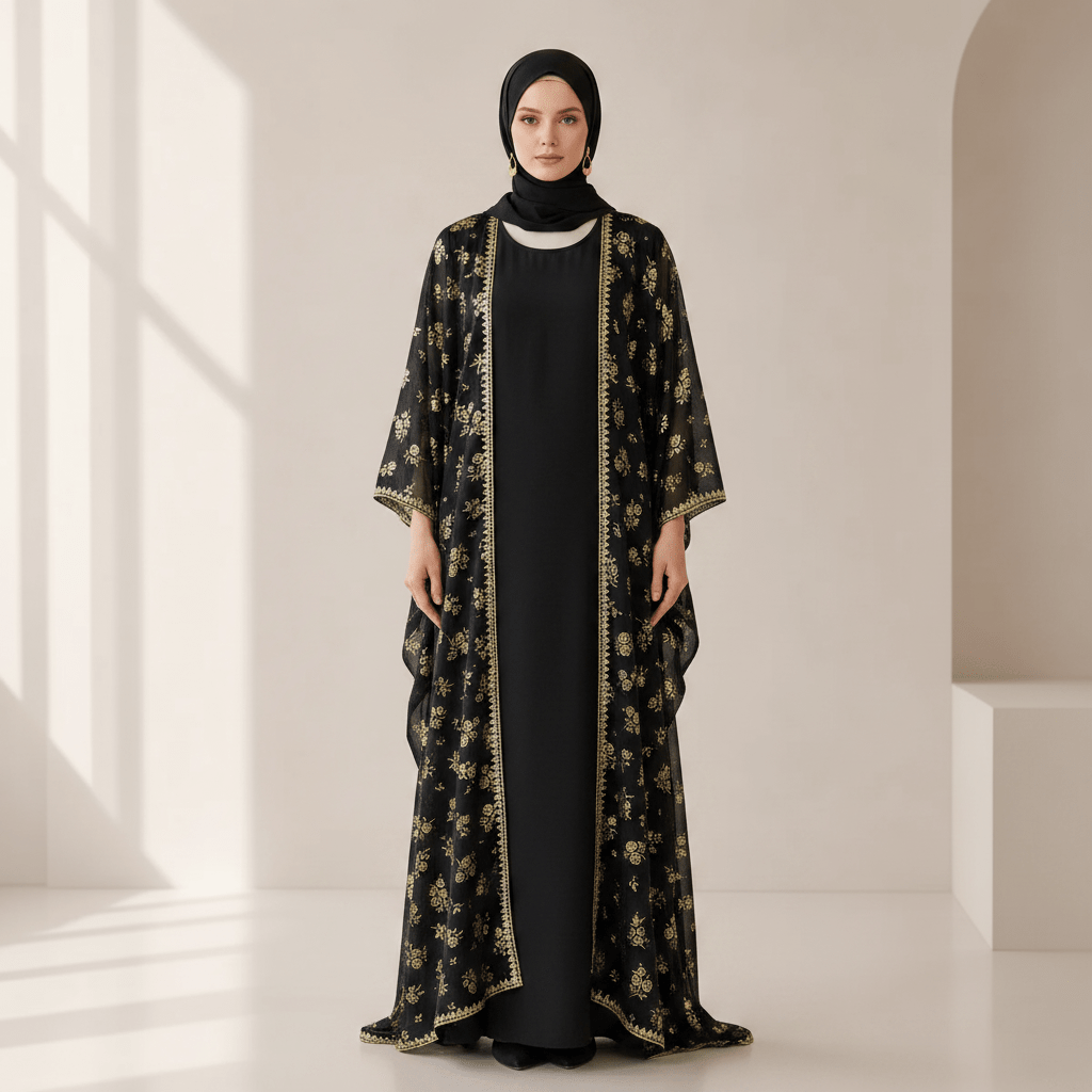 Archive Piece Gold Rose Print Lace-Trim Open Abaya Set - MP053 (Size L Only)