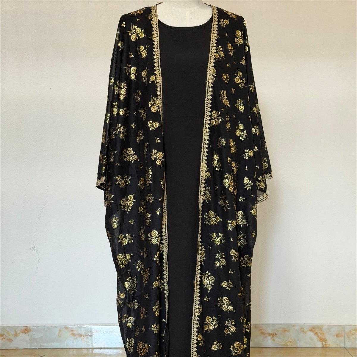 Archive Piece Gold Rose Print Lace-Trim Open Abaya Set - MP053 (Size L Only)