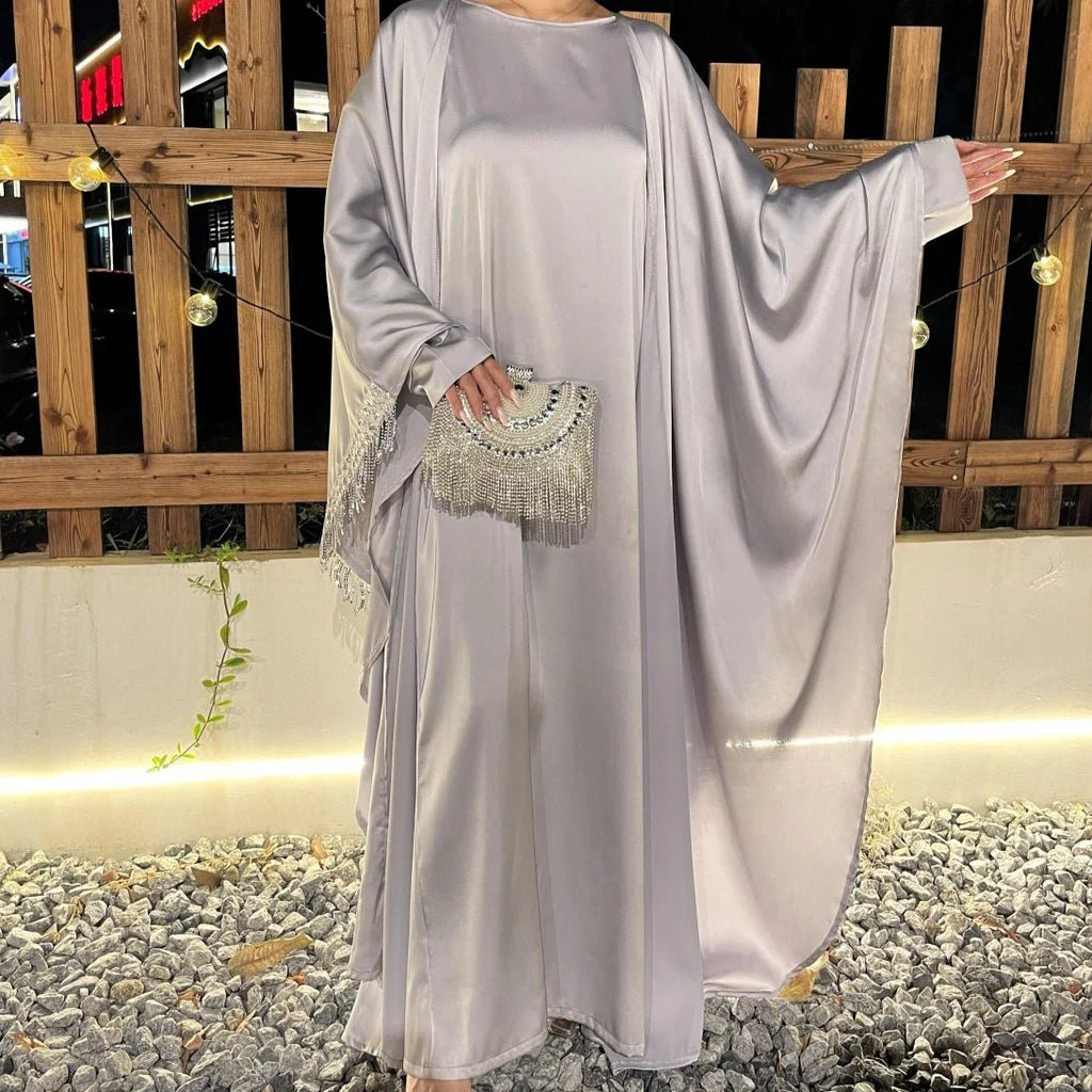 Archive Piece Lace Trimmed Fringed Butterfly Satin Open Abaya 2-Piece Set - MP041 (Size S Only)