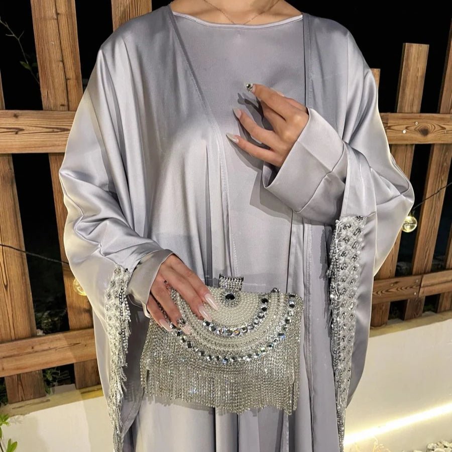 Archive Piece Lace Trimmed Fringed Butterfly Satin Open Abaya 2-Piece Set - MP041 (Size S Only)