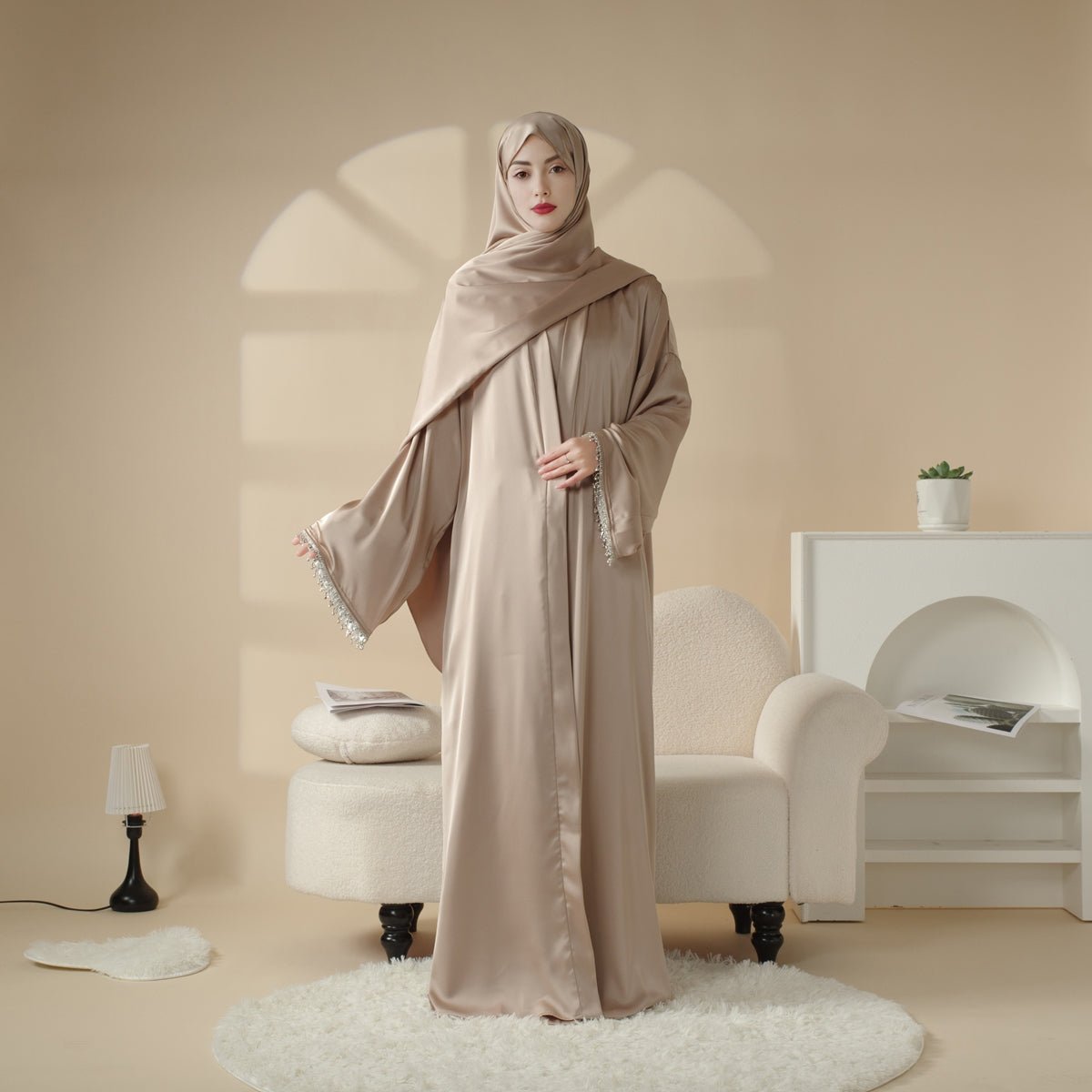Archive Piece Satin Abaya With Matching Belt Made Of Diamond Tassel - MP003 (Size XXS/XS Only)