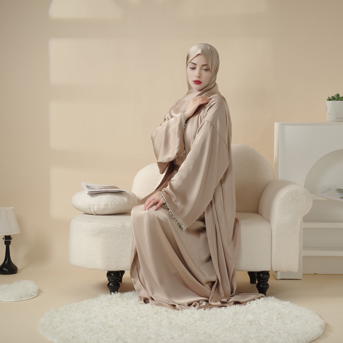 Archive Piece Satin Abaya With Matching Belt Made Of Diamond Tassel - MP003 (Size XXS/XS Only)