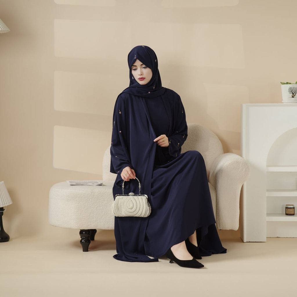 Archive Piece Tulip Embroidered Nida Open Abaya - MP022 (Size M Only)