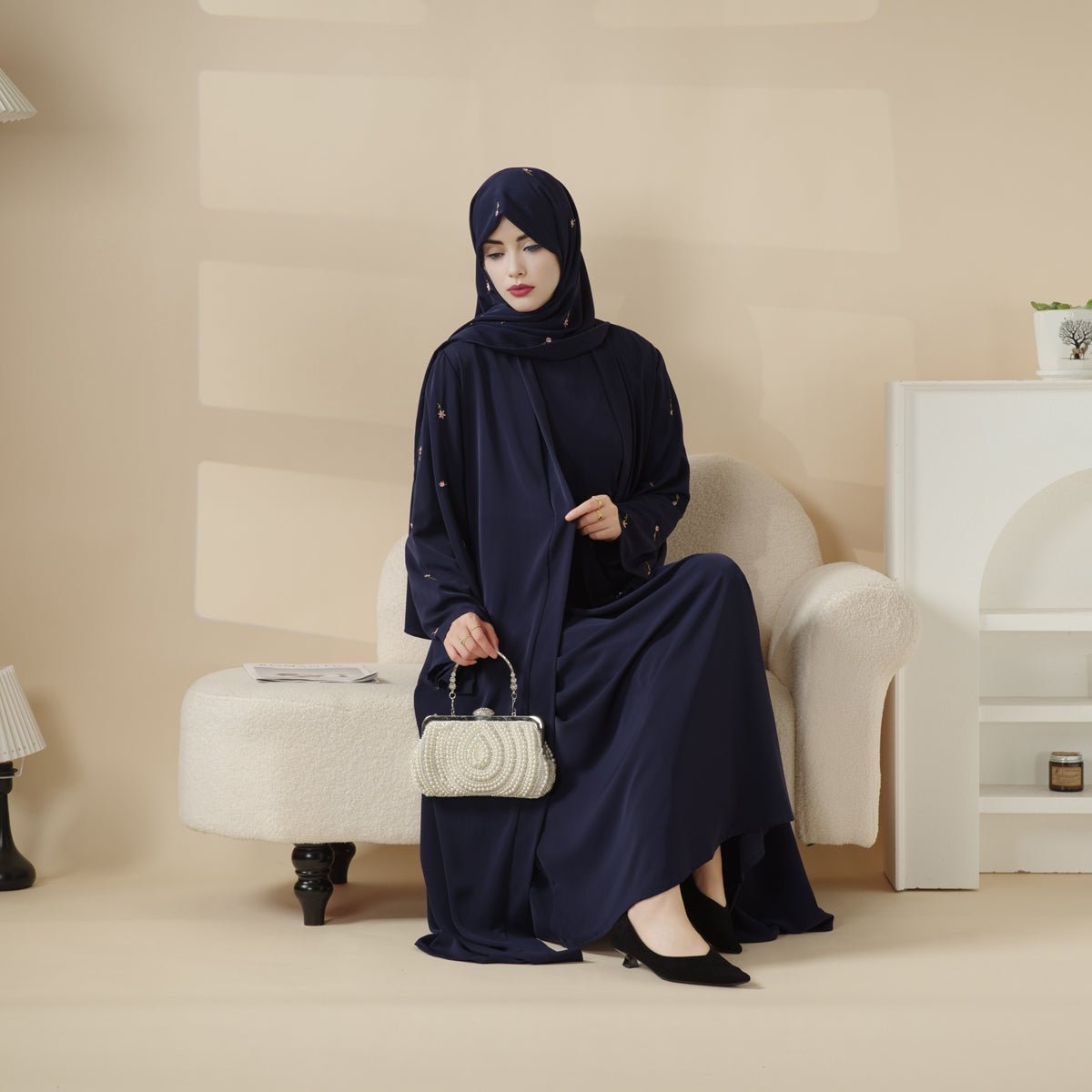 Archive Piece Tulip Embroidered Nida Open Abaya - MP022 (Size M Only)