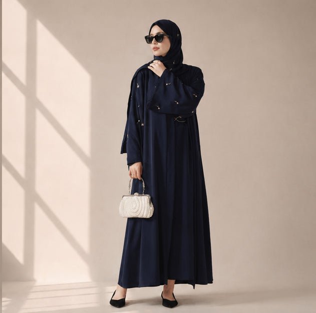 Archive Piece Tulip Embroidered Nida Open Abaya - MP022 (Size M Only)