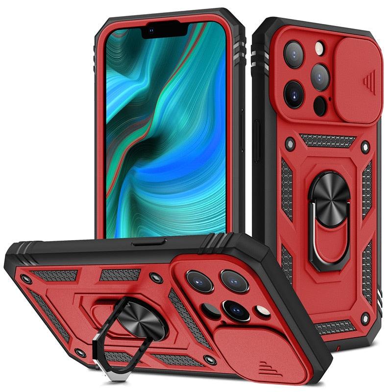 Armor Shockproof Phone Case For iPhone 13 12 11 Pro Max X XR XS Max 11 13 Pro Magnetic Ring Stand Holder Back Cover Slide Camera Cover & Kickstand Built-in 360° Rotate Ring Stand Magnetic Cover Case