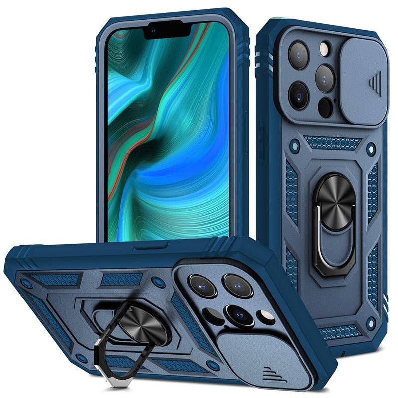 Armor Shockproof Phone Case For iPhone 13 12 11 Pro Max X XR XS Max 11 13 Pro Magnetic Ring Stand Holder Back Cover Slide Camera Cover & Kickstand Built-in 360° Rotate Ring Stand Magnetic Cover Case