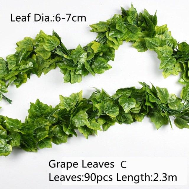 Artificial Decoration Vivid Vine Rattan Leaf Grass Grape Leaves Hanging For Wedding Home Kitchen Garden Party Decor Garland Fake Greenery Vine Leaves Hanging Green Foliage for Home Wedding Garden Wall Decoration