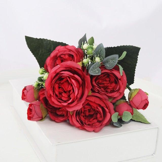 Artificial Flowers 1 Bouquet 9 heads Peony Tea Rose Autumn Silk Fake Flowers For Living Room Home Garden Wedding Decoration Artificial Silk Fake Flowers Rose Floral Decor Bouquet