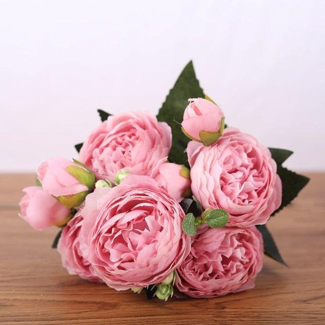 Artificial Peony Vintage Silk Flowers 30cm Rose Pink Silk Bouquet 5 Big Heads 4 Small Bud Bride Wedding Home Decoration Fake Flowers Vintage Artificial Peony Silk Flowers Bouquet for Decoration