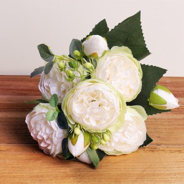 Artificial Peony Vintage Silk Flowers 30cm Rose Pink Silk Bouquet 5 Big Heads 4 Small Bud Bride Wedding Home Decoration Fake Flowers Vintage Artificial Peony Silk Flowers Bouquet for Decoration