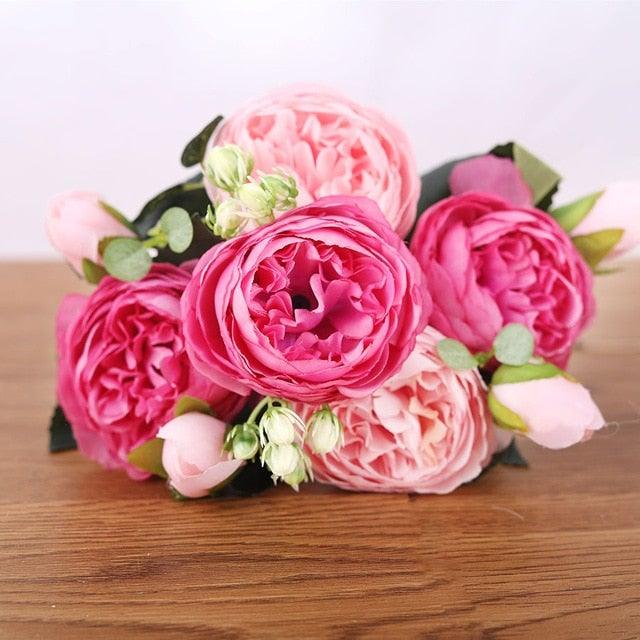 Artificial Peony Vintage Silk Flowers 30cm Rose Pink Silk Bouquet 5 Big Heads 4 Small Bud Bride Wedding Home Decoration Fake Flowers Vintage Artificial Peony Silk Flowers Bouquet for Decoration