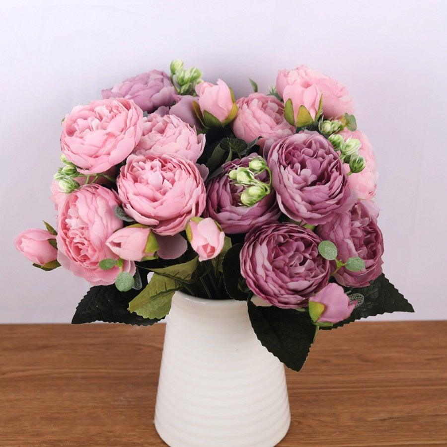 Artificial Peony Vintage Silk Flowers 30cm Rose Pink Silk Bouquet 5 Big Heads 4 Small Bud Bride Wedding Home Decoration Fake Flowers Vintage Artificial Peony Silk Flowers Bouquet for Decoration