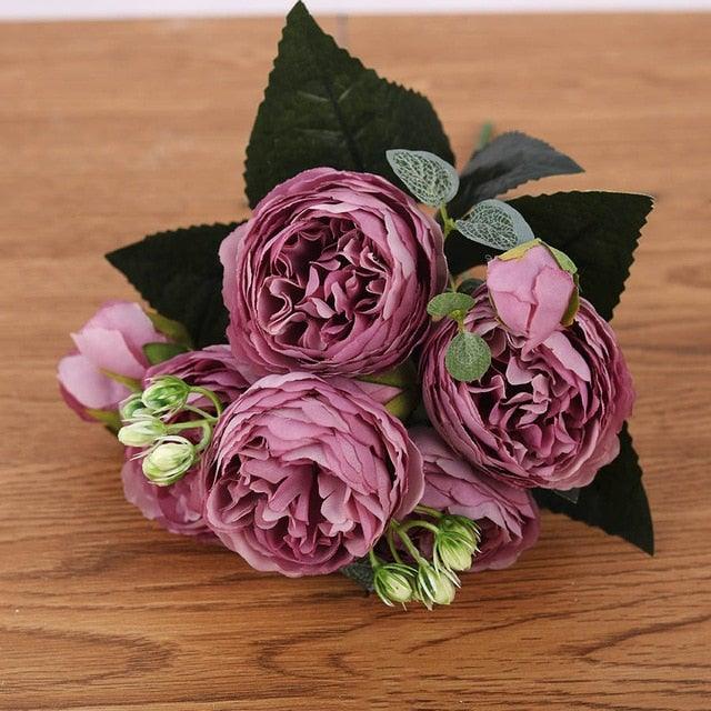 Artificial Peony Vintage Silk Flowers 30cm Rose Pink Silk Bouquet 5 Big Heads 4 Small Bud Bride Wedding Home Decoration Fake Flowers Vintage Artificial Peony Silk Flowers Bouquet for Decoration