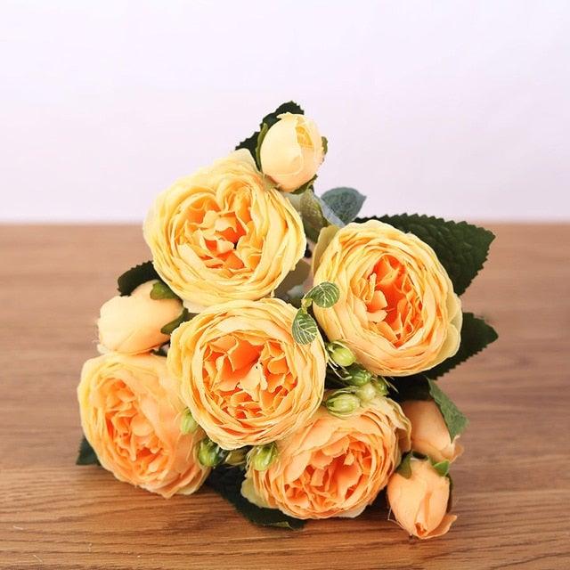 Artificial Peony Vintage Silk Flowers 30cm Rose Pink Silk Bouquet 5 Big Heads 4 Small Bud Bride Wedding Home Decoration Fake Flowers Vintage Artificial Peony Silk Flowers Bouquet for Decoration
