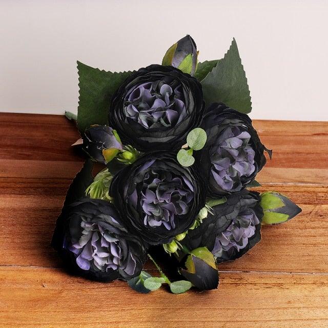 Artificial Peony Vintage Silk Flowers 30cm Rose Pink Silk Bouquet 5 Big Heads 4 Small Bud Bride Wedding Home Decoration Fake Flowers Vintage Artificial Peony Silk Flowers Bouquet for Decoration