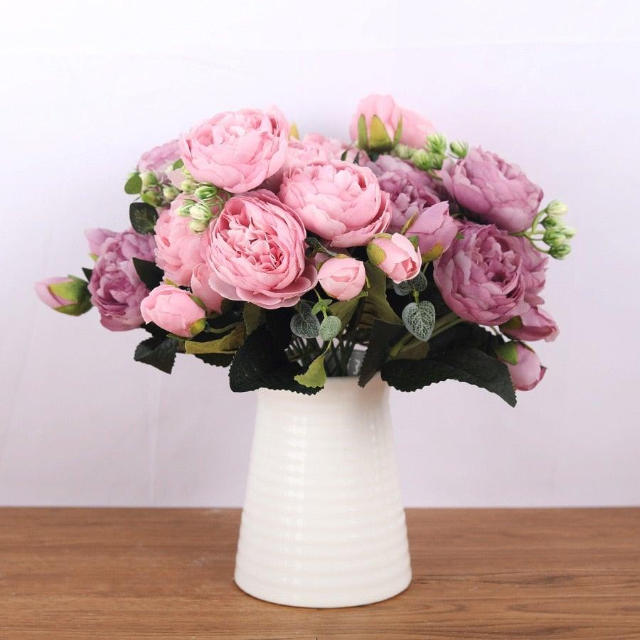 Artificial Peony Vintage Silk Flowers 30cm Rose Pink Silk Bouquet 5 Big Heads 4 Small Bud Bride Wedding Home Decoration Fake Flowers Vintage Artificial Peony Silk Flowers Bouquet for Decoration