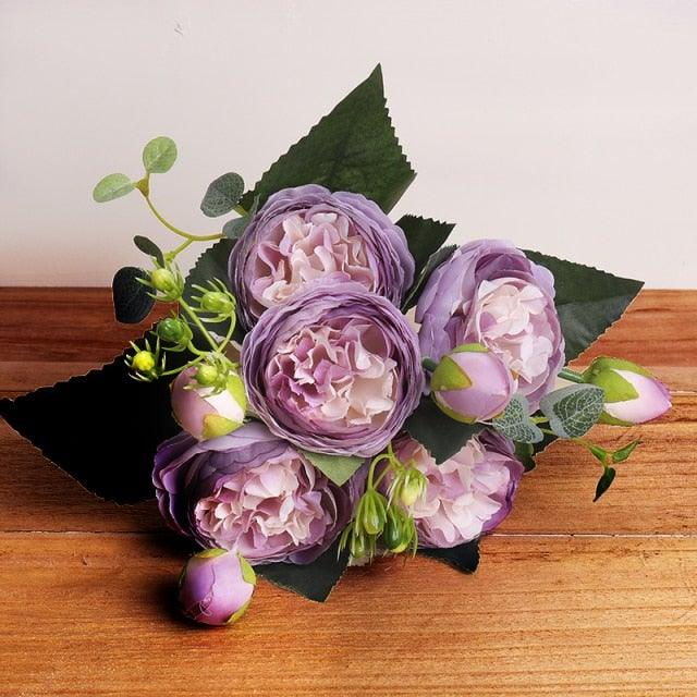 Artificial Peony Vintage Silk Flowers 30cm Rose Pink Silk Bouquet 5 Big Heads 4 Small Bud Bride Wedding Home Decoration Fake Flowers Vintage Artificial Peony Silk Flowers Bouquet for Decoration