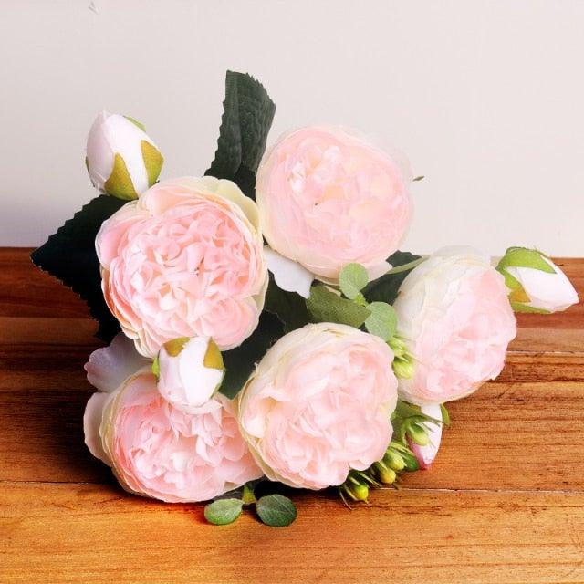 Artificial Peony Vintage Silk Flowers 30cm Rose Pink Silk Bouquet 5 Big Heads 4 Small Bud Bride Wedding Home Decoration Fake Flowers Vintage Artificial Peony Silk Flowers Bouquet for Decoration