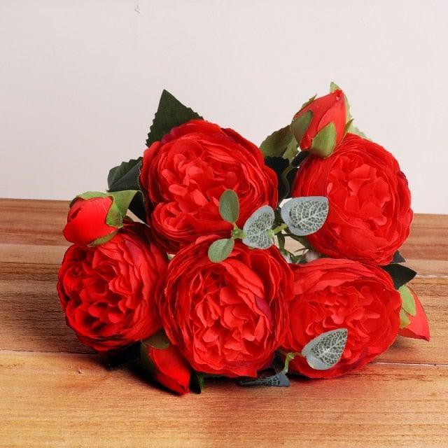 Artificial Peony Vintage Silk Flowers 30cm Rose Pink Silk Bouquet 5 Big Heads 4 Small Bud Bride Wedding Home Decoration Fake Flowers Vintage Artificial Peony Silk Flowers Bouquet for Decoration