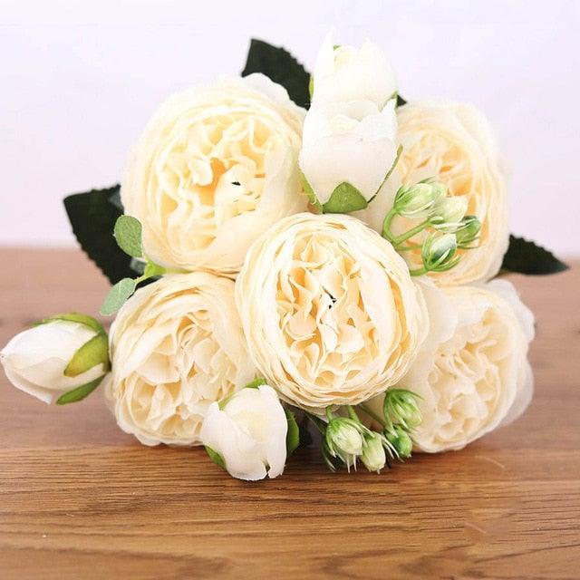 Artificial Peony Vintage Silk Flowers 30cm Rose Pink Silk Bouquet 5 Big Heads 4 Small Bud Bride Wedding Home Decoration Fake Flowers Vintage Artificial Peony Silk Flowers Bouquet for Decoration
