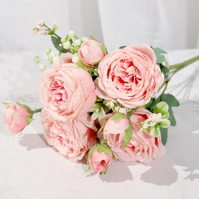 Artificial Rose Flowers Bouquet Pink And White Silk Peony Rose For Home Bridal Wedding Party Festival Decor
