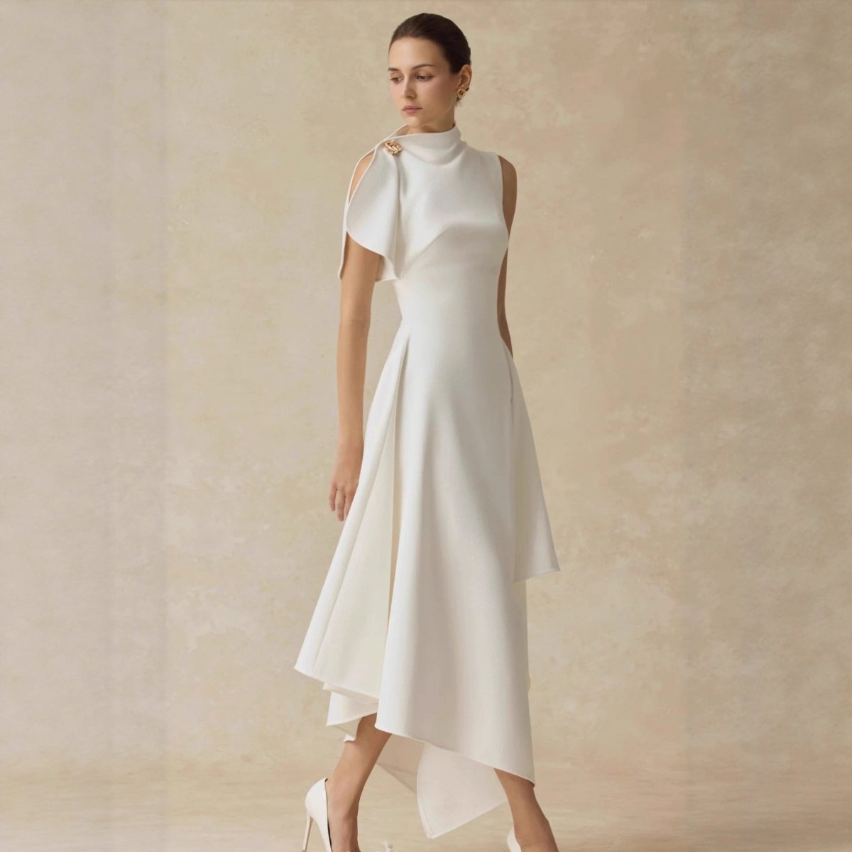 Asymmetric Draped Shoulder Hi-Lo Formal Dress(MS416)