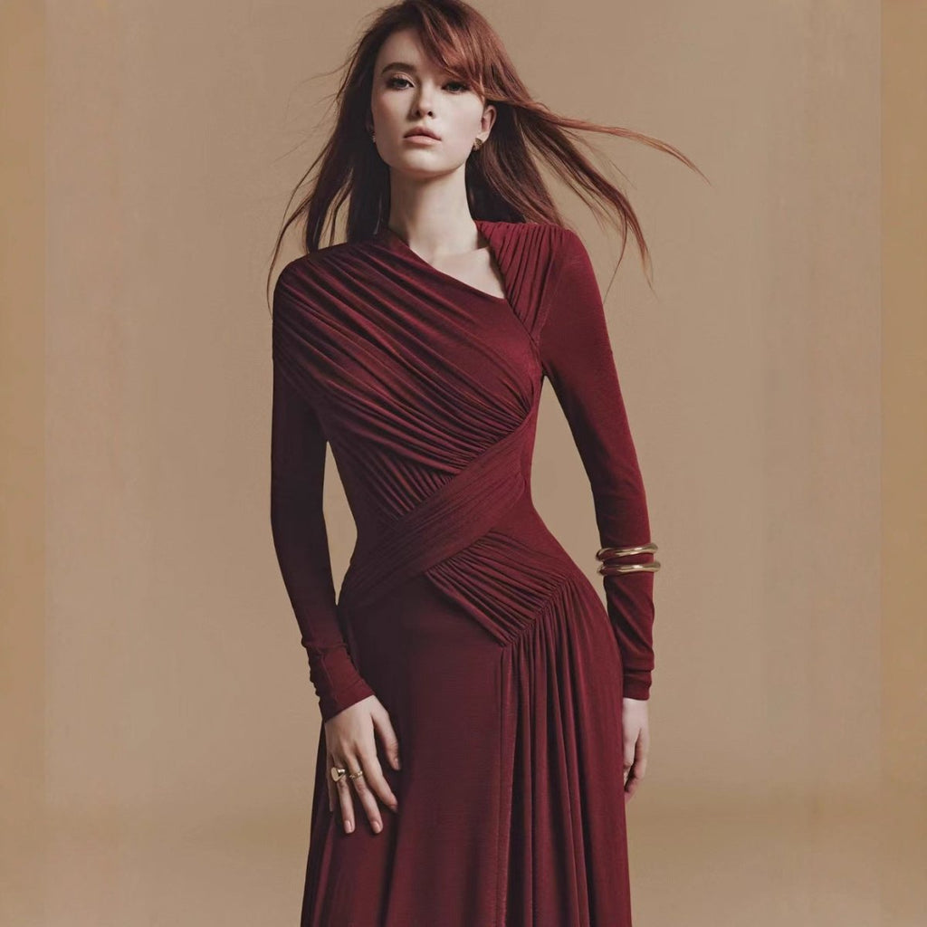 Asymmetric Ruched Gown with Diagonal Draping(MS262)