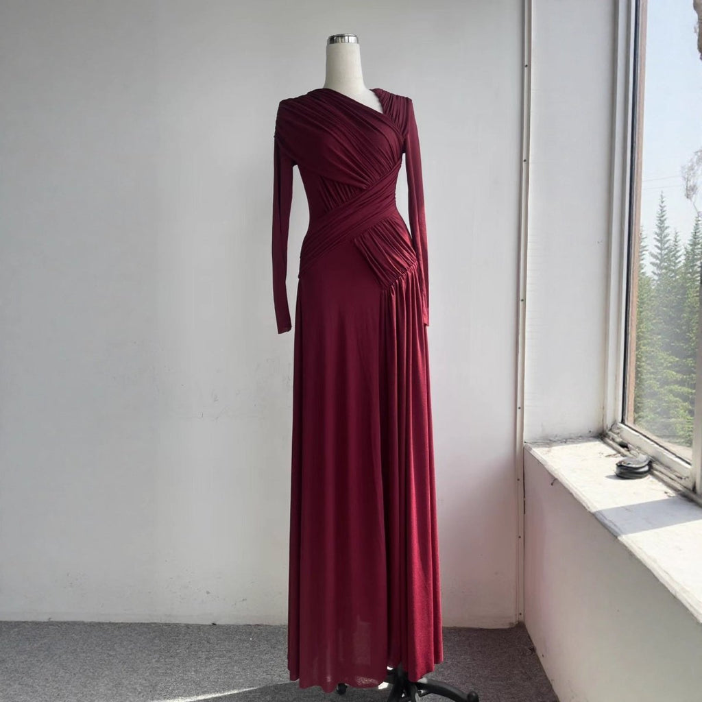 Asymmetric Ruched Gown with Diagonal Draping(MS262)