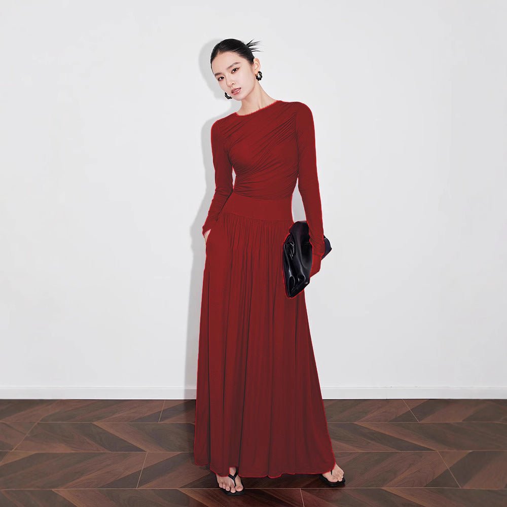 Asymmetric Ruched Knit Dress with Pleated Skirt (MS343)