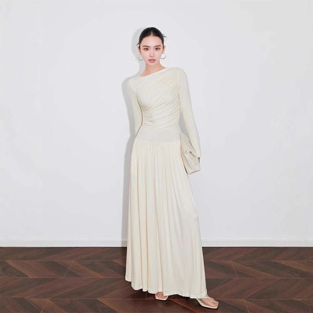 Asymmetric Ruched Knit Dress with Pleated Skirt (MS343)