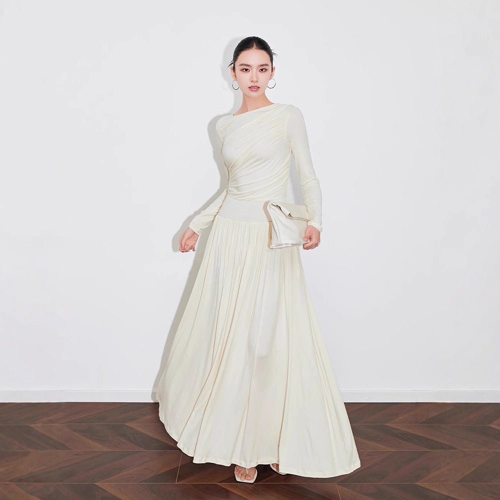 Asymmetric Ruched Knit Dress with Pleated Skirt (MS343)