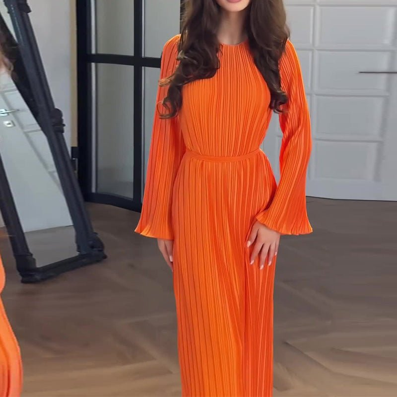 Autumn New Pleated Flared Sleeve Wedding Guest  Dress Abaya with Belt(MA193)