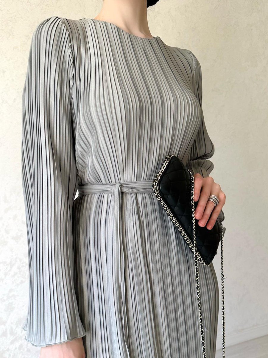 Autumn New Pleated Flared Sleeve Wedding Guest  Dress Abaya with Belt(MA193)