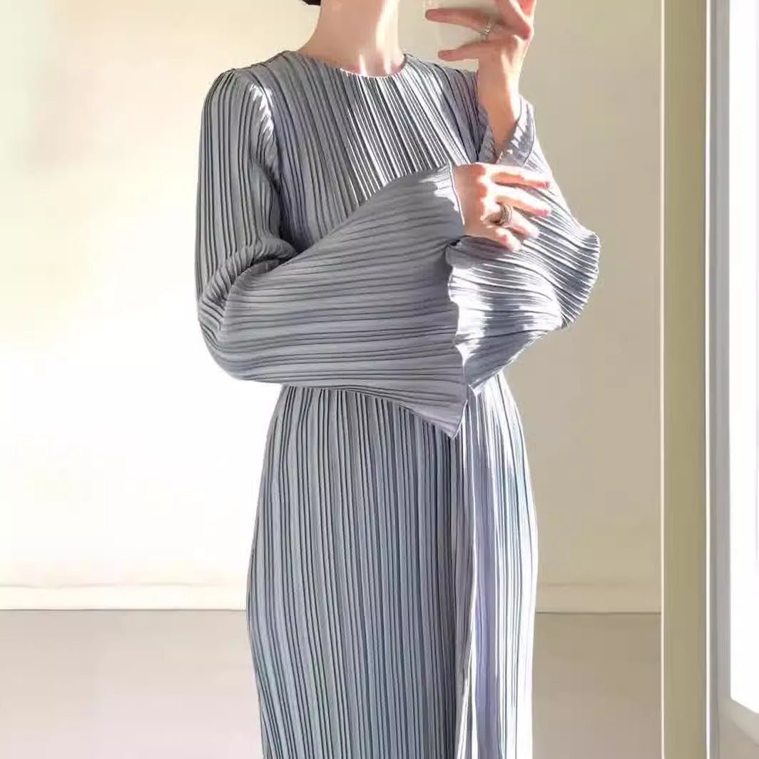 Autumn New Pleated Flared Sleeve Wedding Guest  Dress Abaya with Belt(MA193)